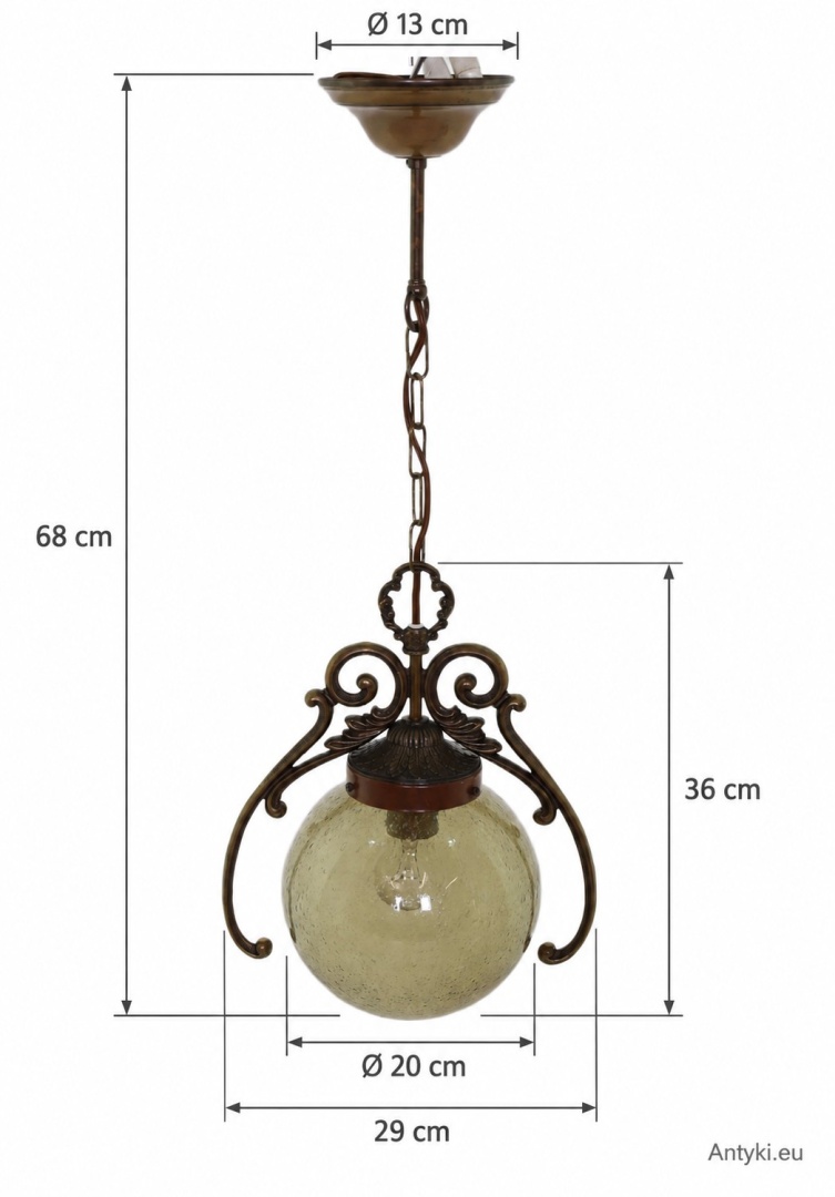 lampa wisząca z oznaczonymi wymiarami wysokości, szerokości i średnic